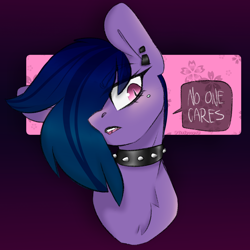Size: 2000x2000 | Tagged: safe, artist:spoopygander, oc, oc only, oc:indigo, bat pony, pony, cheek piercing, collar, ear piercing, earring, emo, fangs, high res, jewelry, makeup, multicolored hair, piercing, punk, solo, text