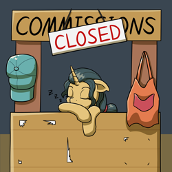 Size: 3200x3200 | Tagged: safe, artist:mkogwheel, fresh coat, pony, unicorn, g4, apron, booth, clothes, commission closed, hat, high res, missing accessory, night, sleeping, solo