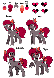 Size: 1120x1604 | Tagged: safe, artist:whatsapokemon, oc, oc only, oc:parsley, oc:rosemary, oc:sage, oc:thyme, earth pony, pony, bow, choker, female, pale belly, quadruplets, reference, simple background, spice girls, transparent background