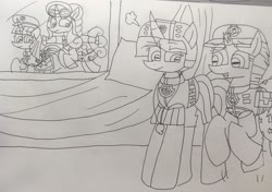 Size: 3297x2317 | Tagged: safe, artist:徐詩珮, fizzlepop berrytwist, glitter drops, spring rain, tempest shadow, twilight sparkle, alicorn, pony, unicorn, series:sprglitemplight diary, series:sprglitemplight life jacket days, series:springshadowdrops diary, series:springshadowdrops life jacket days, g4, alternate universe, bisexual, broken horn, clothes, cute, equestria girls outfit, female, glitterbetes, high res, horn, lesbian, lifeguard spring rain, paw patrol, pillow, polyamory, ship:glitterlight, ship:glittershadow, ship:sprglitemplight, ship:springdrops, ship:springlight, ship:springshadow, ship:springshadowdrops, ship:tempestlight, shipping, spring rain is not amused, springbetes, tempestbetes, traditional art, twilight sparkle (alicorn), unamused