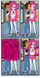 Size: 1036x2000 | Tagged: safe, artist:nekojackun, pinkie pie, oc, oc:copper plume, comic:the copperpie chronicles, equestria girls, bedroom eyes, blushing, canon x oc, canterlot high, cheek kiss, clothes, comic, commission, commissioner:imperfectxiii, converse, copperpie, cupcake, cute, explosion, female, food, freckles, glasses, jeans, kissing, legs, licking, licking lips, lidded eyes, male, messy, messy hair, miniskirt, neckerchief, pants, pantyhose, sandals, shipping, shirt, shoes, skirt, sneakers, straight, surprise kiss, surprised, tongue out