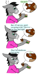 Size: 500x1011 | Tagged: safe, artist:chili19, oc, oc only, oc:chili, bat, donkey, anthro, clothes, comic, donkey oc, exclamation point, female, food, glasses, interrobang, question mark, sandwich, simple background, surprised, white background