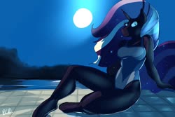 Size: 1280x853 | Tagged: safe, artist:bluecoffeedog, nightmare rarity, rarity, anthro, unguligrade anthro, g4, big hair, breasts, busty nightmare rarity, busty rarity, clothes, full moon, long tail, looking at you, moon, night, one-piece swimsuit, patreon, patreon reward, poolside, pose, swimming pool, swimsuit, thighs
