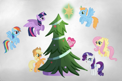 Size: 677x447 | Tagged: safe, artist:xcupcakestormx, applejack, fluttershy, pinkie pie, rainbow dash, rarity, twilight sparkle, oc, oc:harmony star, alicorn, pony, g4, alicorn oc, christmas, christmas tree, holiday, horn, mane six, tree, twilight sparkle (alicorn)