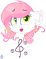Size: 690x888 | Tagged: safe, artist:rainbow eevee, oc, oc only, oc:sugar morning, pegasus, pony, bizarre songs future wife, cute, cutie mark, eyebrows, eyebrows visible through hair, female, green eyes, looking at you, open mouth, pegasus oc, simple background, smiling, smiling at you, solo, sticker, text, transparent background
