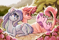 Size: 1280x877 | Tagged: safe, artist:segraece, oc, oc only, oc:riptide, oc:serenity, oc:tranquil wave, pegasus, pony, unicorn, baby, baby pony, background pony, beautiful, braid, braided tail, chest fluff, color porn, dragon tail, family, female, foal, forest, garden, looking up, male, mare, playful, playing, smiling, stallion, trio