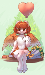 Size: 1600x2610 | Tagged: safe, artist:peachmayflower, oc, oc only, oc:eva, pegasus, pony, semi-anthro, arm hooves, balloon, blushing, bouquet, cheek fluff, ear fluff, female, flower, heart balloon, mare, pale belly, shoulder fluff, sitting, solo, unshorn fetlocks