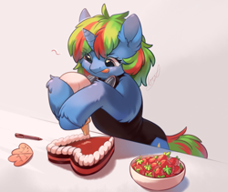 Size: 1186x999 | Tagged: safe, artist:peachmayflower, oc, oc only, oc:wander bliss, pony, unicorn, bipedal, cake, clothes, ear fluff, female, food, hoof hold, mare, solo, strawberry, tongue out, unshorn fetlocks, ych result