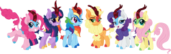 Size: 4103x1300 | Tagged: safe, artist:cloudy glow, applejack, fluttershy, pinkie pie, rainbow dash, rarity, twilight sparkle, kirin, g4, cute, dashabetes, diapinkes, female, high res, jackabetes, kirin applejack, kirin fluttershy, kirin mane six, kirin pinkie, kirin rainbow dash, kirin rarity, kirin twilight, kirin-ified, lidded eyes, looking at each other, looking at you, mane six, one eye closed, raribetes, shyabetes, simple background, smiling, smiling at you, species swap, sweet dreams fuel, transparent background, twiabetes, weapons-grade cute, wink