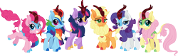Size: 4419x1400 | Tagged: safe, alternate version, artist:cloudy glow, applejack, fluttershy, pinkie pie, rainbow dash, rarity, twilight sparkle, kirin, g4, cloudyglow is trying to murder us, cute, dashabetes, diapinkes, female, high res, jackabetes, kirin applejack, kirin fluttershy, kirin mane six, kirin pinkie, kirin rainbow dash, kirin rarity, kirin twilight, kirin-ified, lidded eyes, looking at you, mane six, one eye closed, raribetes, shipping, shyabetes, simple background, smiling, smiling at you, species swap, transparent background, twiabetes, weapons-grade cute, wink