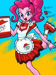 Size: 1280x1707 | Tagged: safe, artist:dadss_rootbeer, artist:xjleiu, pinkie pie, equestria girls, g4, apron, boob window, breasts, carrying, cleavage, clothes, dress, female, food, looking at you, maid, open mouth, pixiv, pizza, pizza box, pizza hut, pizza hut maid dress, roller skates, skating, skirt, smiling, smiling at you, socks, solo, watch, wristwatch