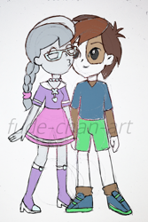 Size: 1572x2358 | Tagged: safe, artist:fude-chan-art, pipsqueak, silver spoon, equestria girls, g4, boots, braided ponytail, cheek kiss, clothes, equestria girls-ified, female, glasses, high heel boots, kissing, male, obtrusive watermark, shipping, shoes, shorts, silversqueak, skirt, straight, watermark