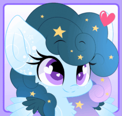 Size: 615x584 | Tagged: safe, artist:sohmasatori, part of a set, oc, oc:stellar constellation, pegasus, pony, animated, bouncing, chest fluff, cute, female, gif, heart, heart eyes, purple background, simple background, sparkly mane, stars, wingding eyes, ych result