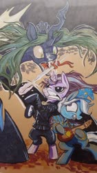 Size: 1280x2277 | Tagged: safe, artist:lytlethelemur, queen chrysalis, starlight glimmer, trixie, pony, unicorn, g4, bipedal, clothes, crossover, glowing horn, horn, lute, medallion, musical instrument, sword, the witcher, traditional art, weapon
