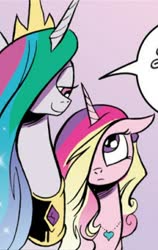 Size: 460x728 | Tagged: safe, artist:andypriceart, idw, official comic, princess cadance, princess celestia, alicorn, pony, g4, neigh anything, spoiler:comic12, aunt and niece, cropped, duo, eye contact, female, hair over one eye, lidded eyes, looking at each other, mare, out of context, pink background, simple background