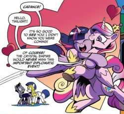 Size: 670x616 | Tagged: safe, artist:andypriceart, idw, official comic, princess cadance, twilight sparkle, alicorn, pony, g4, spoiler:comic61, andy price is trying to murder us, belly, bipedal, comic panel, cute, cutedance, eyes closed, female, floating heart, heart, hug, mare, one eye closed, royal guard, shipping fuel, sisters-in-law, twilight sparkle (alicorn)
