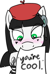 Size: 1558x2294 | Tagged: safe, alternate version, artist:poniidesu, oc, oc only, oc:silent clop, earth pony, pony, bangs, beret, black mane, blushing, clothes, crayon, crossover, eye clipping through hair, female, hat, headset, heart eyes, looking down, makeup, mare, marker, mime, mouth hold, paper, simple background, socks, solo, space station 13, ss13, striped socks, text, thigh highs, transparent background, video game, wingding eyes, yin-yang