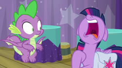 Size: 1920x1080 | Tagged: safe, screencap, spike, twilight sparkle, alicorn, dragon, pony, a trivial pursuit, g4, bag, mawshot, nose in the air, open mouth, saddle bag, twilight sparkle (alicorn), uvula, winged spike, wings