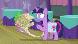 Size: 1920x1080 | Tagged: safe, screencap, spike, twilight sparkle, alicorn, dragon, pony, a trivial pursuit, g4, bag, saddle bag, scroll, twilight sparkle (alicorn), winged spike, wings