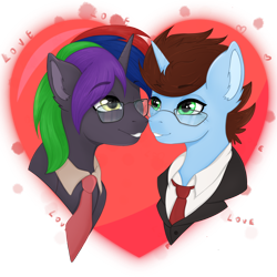 Size: 4050x4050 | Tagged: safe, oc, oc:coda, pony, unicorn, couple, gay, glasses, green eyes, heart, holiday, looking at each other, love, male, multicolored hair, nose to nose, png, simple background, sticker, transparent background, valentine, valentine's day, ych result