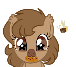 Size: 1300x1150 | Tagged: safe, artist:realgamerkitten, oc, oc only, oc:musica note, pony, cookie, fangs, female, food, mare, mouth hold, simple background, solo, starry eyes, transparent background, wingding eyes