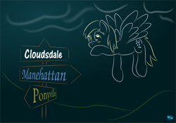 Size: 700x491 | Tagged: safe, alternate version, artist:quint-t-w, derpy hooves, pegasus, pony, g4, cloud, female, flying, gradient background, hoof on chin, minimalist, modern art, old art, redraw, road sign, solo