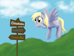 Size: 700x537 | Tagged: safe, alternate version, artist:quint-t-w, derpy hooves, pegasus, pony, g4, cloud, female, flying, hoof on chin, old art, redraw, road sign, solo
