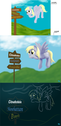 Size: 435x888 | Tagged: safe, alternate version, artist:quint-t-w, derpy hooves, pegasus, pony, g4, 2011, 2017, artist progress, cloud, comparison, draw this again, female, flying, hoof on chin, minimalist, modern art, old art, redraw, road sign, solo
