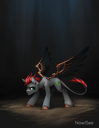 Size: 1486x1920 | Tagged: safe, artist:inowiseei, oc, oc only, oc:tan-dreamstiller, earth pony, pony, artificial wings, augmented, leonine tail, solo, unshorn fetlocks, wings
