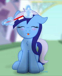 Size: 600x736 | Tagged: safe, artist:bastbrushie, part of a set, minuette, pony, unicorn, g4, :3, :p, animated, background pony, bastbrushie is trying to kill us, blushing, brushie, brushie brushie, brushing, canterlot, cute, daaaaaaaaaaaw, dancing, eyes closed, female, gif, happy, horn, magic, minubetes, raspberry, silly, silly pony, sitting, solo, street, tongue out, toothbrush, weapons-grade cute