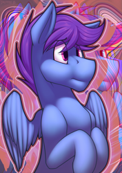 Size: 1413x2000 | Tagged: safe, artist:dripponi, artist:lattynskit, oc, oc only, oc:windy dripper, pegasus, pony, abstract background, concerned, eyebrows, eyebrows visible through hair, male, nervous, pegasus oc, psychedelic, solo, spread wings, stallion, wings, worried