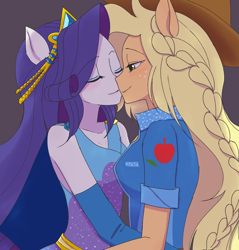 Size: 2448x2565 | Tagged: safe, artist:haibaratomoe, applejack, rarity, equestria girls, equestria girls series, g4, duo, female, high res, imminent kissing, lesbian, ponied up, ship:rarijack, shipping, super ponied up