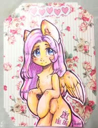 Size: 989x1280 | Tagged: safe, artist:zefirka, fluttershy, pegasus, pony, g4, bipedal, chest fluff, cute, eye clipping through hair, female, heart, looking at you, mare, shyabetes, smiling, solo, spread wings, three quarter view, traditional art, wings
