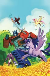 Size: 330x501 | Tagged: safe, idw, fluttershy, pinkie pie, rarity, twilight sparkle, alicorn, earth pony, pegasus, pony, unicorn, g4, spoiler:friendship in disguise, arcee, flower, frolicking, optimus prime, springer, transformers, twilight sparkle (alicorn), windblade