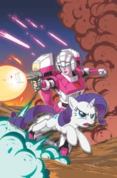 Size: 1341x2047 | Tagged: safe, artist:jack lawrence, idw, rarity, pony, robot, unicorn, g4, spoiler:friendship in disguise, arcee, blaster, clash of hasbro's titans, cover art, crossover, explosion, friendship in disguise, transformers