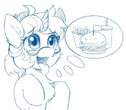 Size: 1240x1080 | Tagged: safe, artist:drtuo4, oc, oc only, pony, unicorn, burger, chest fluff, drink, fast food, food, french fries, glasses, hungry, monochrome, solo, thought bubble, tongue out