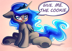 Size: 1414x1000 | Tagged: safe, artist:chaosangeldesu, princess luna, alicorn, pony, g4, blushing, chest fluff, cute, female, floppy ears, hangry, hungry, lunabetes, mare, sitting, solo, speech bubble