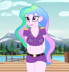Size: 960x1000 | Tagged: safe, edit, edited screencap, editor:ah96, screencap, princess celestia, principal celestia, equestria girls, g4, my little pony equestria girls: legend of everfree, arm behind back, belly button, blushing, breast edit, breasts, busty princess celestia, cleavage, cropped, female, lake, midriff, mountain, pier, solo, thighs