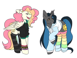 Size: 2732x2048 | Tagged: safe, artist:icicle-niceicle-1517, artist:snows-undercover, color edit, edit, oc, oc only, oc:cheery candy, oc:tough cookie (ice1517), pegasus, pony, unicorn, cheerycookie, clothes, clothes swap, collaboration, colored, cute, ear piercing, earring, eyes closed, eyeshadow, female, high res, hoodie, jewelry, lesbian, makeup, mare, multicolored hair, oc x oc, open mouth, piercing, rainbow hair, rainbow socks, raised hoof, shipping, simple background, socks, striped socks, transparent background, wristband