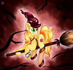 Size: 2547x2446 | Tagged: safe, artist:appleneedle, oc, oc only, oc:apple needle, earth pony, pony, bracelet, broom, clothes, ear piercing, earring, female, flats, flying, flying broomstick, hat, high res, jewelry, mare, piercing, raised hoof, socks, solo, stockings, thigh highs, tree, witch, witch costume, witch hat, wristband