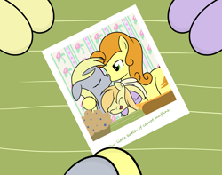 Size: 3800x3000 | Tagged: safe, artist:dinkyuniverse, carrot top, derpy hooves, dinky hooves, golden harvest, noi, earth pony, pegasus, pony, unicorn, g4, blueberry muffin (food), carrot, carrot dog, female, filly, flower, foal, food, happy, high res, holding hooves, hot dog, hug, kissing, lesbian, mare, muffin, photo, ship:derpytop, shipping, smiling, table, wallpaper
