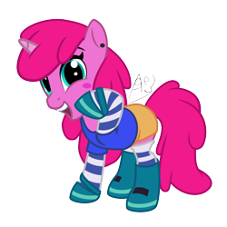 Size: 1202x1202 | Tagged: safe, artist:age3rcm, pony, unicorn, any malu, blush sticker, blushing, boots, brazil, clothes, crossover, eyebrows, female, looking at you, mare, open mouth, open smile, ponified, raised hoof, rule 85, shirt, shoes, show accurate, simple background, smiling, smiling at you, socks, solo, transparent background, vector