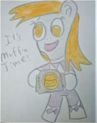 Size: 794x1007 | Tagged: safe, artist:dex stewart, derpy hooves, pegasus, anthro, g4, female, food, it's muffin time, mighty morphin power rangers, morpher, muffin, pink ranger, power rangers, solo, traditional art