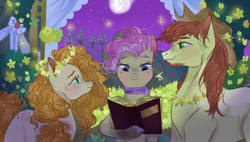 Size: 3000x1698 | Tagged: safe, artist:bunnari, bright mac, mayor mare, pear butter, earth pony, pony, g4, the perfect pear, body freckles, book, eye contact, female, floral head wreath, flower, freckles, looking at each other, male, mare, mare in the moon, marriage, moon, non-dyed mayor, scene interpretation, ship:brightbutter, shipping, stallion, straight, wedding