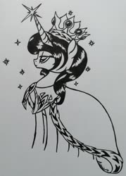 Size: 2474x3452 | Tagged: safe, artist:c.a.m.e.l.l.i.a, princess platinum, pony, unicorn, g4, black and white, cloak, clothes, crown, female, gemstones, grayscale, high res, jewelry, jewels, mare, monochrome, royalty, simple background, traditional art