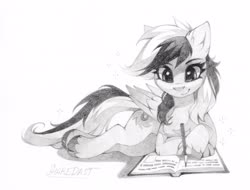 Size: 2048x1558 | Tagged: safe, artist:share dast, oc, oc only, oc:uma stale, pegasus, pony, book, cloven hooves, monochrome, pegasus oc, pencil, pencil drawing, traditional art, writing