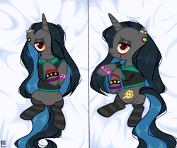 Size: 2994x2500 | Tagged: safe, artist:fenix-artist, oc, oc only, oc:tough cookie (ice1517), pony, unicorn, bedroom eyes, blushing, body pillow, body pillow design, butt, clothes, ear piercing, earring, eyeshadow, featureless crotch, female, femsub, high res, hoodie, jewelry, looking at you, makeup, mare, piercing, plot, socks, solo, striped socks, submissive, wristband, ych result