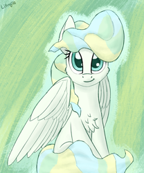 Size: 1250x1500 | Tagged: safe, artist:litrojia, vapor trail, pegasus, pony, g4, abstract background, cheek fluff, chest fluff, cute, female, looking at you, mare, sitting, solo, spread wings, vaporbetes, wings