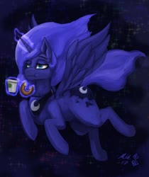 Size: 1077x1280 | Tagged: safe, artist:mik3thestrange, princess luna, alicorn, pony, g4, coffee, cup, donut, female, flying, food, lidded eyes, magic, mare, night, sky, snack, solo, stars, wings