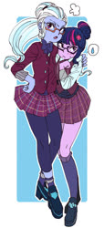 Size: 389x855 | Tagged: safe, artist:pasikon, edit, sci-twi, sugarcoat, twilight sparkle, equestria girls, g4, blushing, bowtie, clothes, cropped, crystal prep academy uniform, female, glasses, lesbian, looking at you, plaid skirt, pleated skirt, school uniform, shipping, shoes, skirt, socks, sugartwi